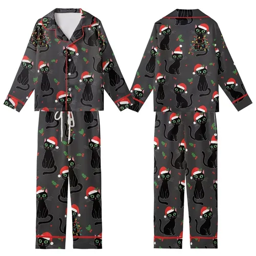 Cat Lovers' Playful Black Cat Holiday Pattern with Green-Eyed Felines, Red Santa Hats & Multi-Color String Lights Kid Satin Pajamas Set