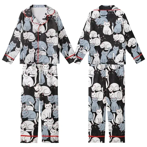 Cat Lovers' Illustrative Whimsical White Blue-Grey Black Tuxedo Cats Seamless All-Over Pattern on Black Kid Satin Pajamas Set