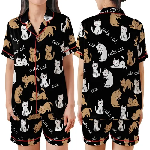 Cat Lovers' Adorable Seamless All-Over Black Background Whimsical White Tan Cartoon Cats & 'Cute Cat' Script Pattern Satin Short-Sleeve Pajamas Set
