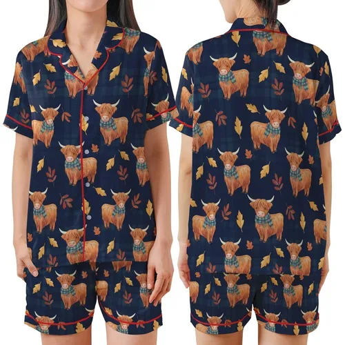 Highland Cow Lovers' Charming Watercolor Fluffy Autumn Plaid Farm Animal Pattern on Deep Navy Satin Short-Sleeve Pajamas Set