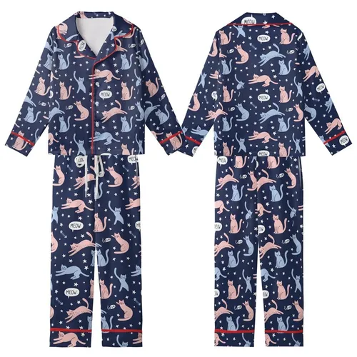 Cat Lovers' Whimsical Flat Graphic Cats Pattern in Light Pink Periwinkle, Deep Navy Blue Background, White Stars MEOW Love Kid Satin Pajamas Set