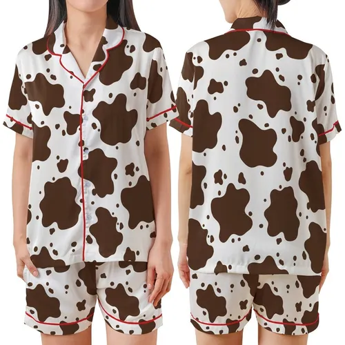 Pattern Lovers' Fluid Organic Dark Brown Cow Print Style on Crisp White Satin Short-Sleeve Pajamas Set