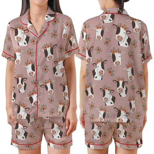 Cow Lovers' Whimsical Illustrative Holstein Cow Faces & Muted Floral Pattern on Soft Dusty Rose Satin Short-Sleeve Pajamas Set