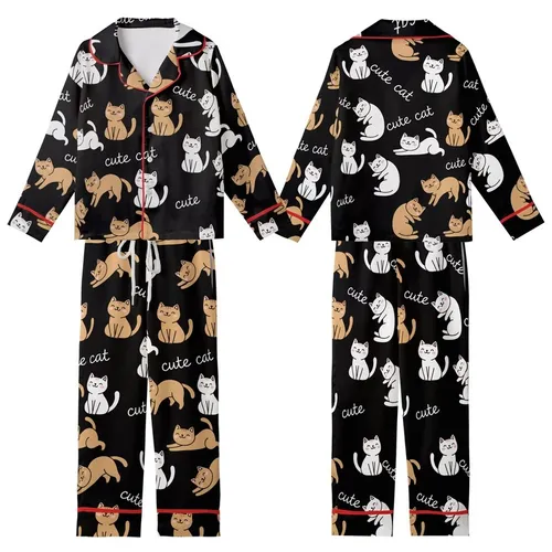 Cat Lovers' Adorable Seamless All-Over Black Background Whimsical White Tan Cartoon Cats & 'Cute Cat' Script Pattern Kid Satin Pajamas Set