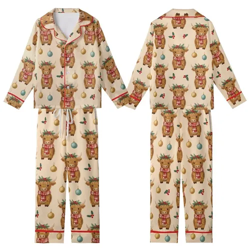 Festive Animal Lovers' Cozy Painterly Brown Golden Highland Cow Christmas Wreath Red Plaid Pattern Kid Satin Pajamas Set