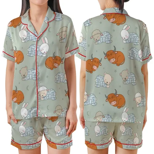 Baby Animal Lovers' Whimsical Illustrative Sleeping Baby Animals Pale Sage Green Pattern: Cow, Bear, Lamb, Bunny in Blue Checkered Pajamas Satin Short-Sleeve Pajamas Set