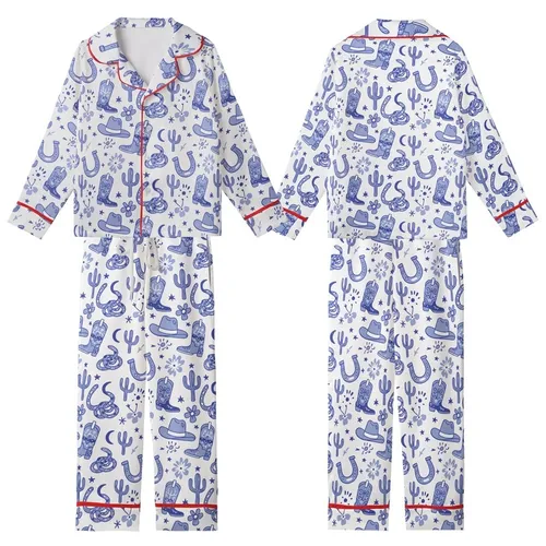 Western Enthusiasts' Illustrative Dusty Periwinkle Cobalt Blue Cowboy Boot Hat Cactus Rattlesnake Pattern Kid Satin Pajamas Set