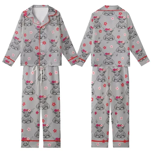 Whimsical Animal Lovers' Heather Grey Hand-Drawn Fluffy Highland Cow Flower Crown Fuchsia Pink Red Pattern Kid Satin Pajamas Set