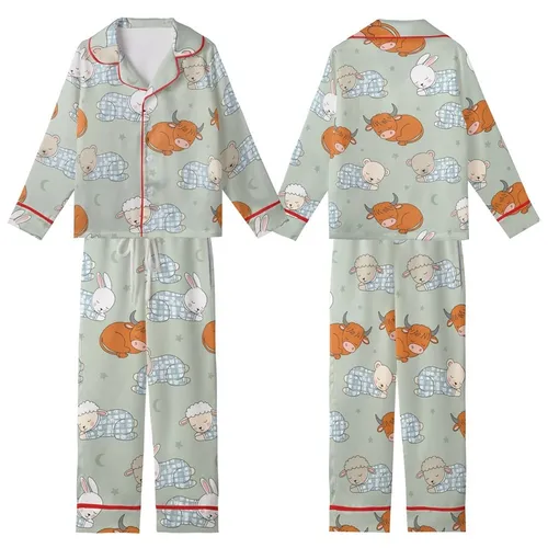Baby Animal Lovers' Whimsical Illustrative Sleeping Baby Animals Pale Sage Green Pattern: Cow, Bear, Lamb, Bunny in Blue Checkered Pajamas Kid Satin Pajamas Set