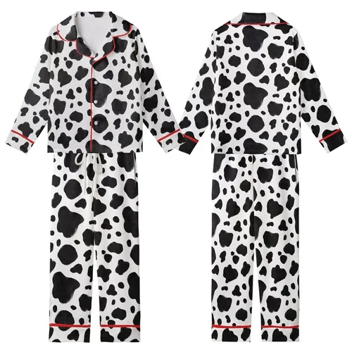 Modern Style Lovers' Illustrative Black White Organic Spot Cowhide Pattern Kid Satin Pajamas Set