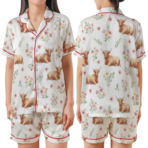 Cottagecore Style Whimsical Watercolor Fluffy Highland Cow Wildflower Botanical Blush Pink Sage Green Pattern Satin Short-Sleeve Pajamas Set