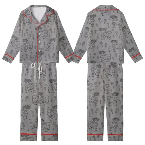 Whimsical Animal Lovers' Black Line Art Highland Cow Calves Floral Seamless Pattern on Heather Gray Kid Satin Pajamas Set