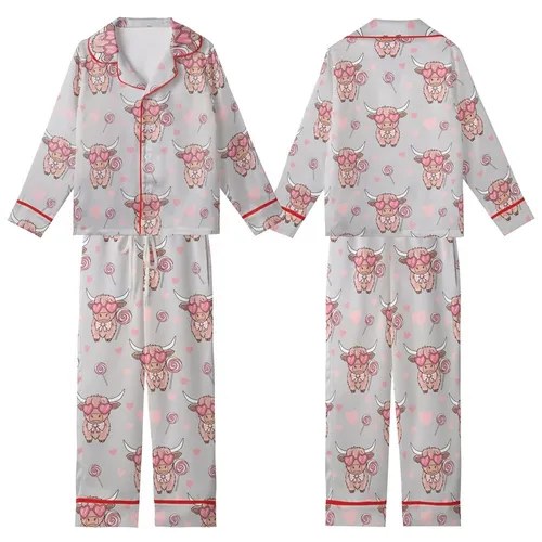 Cute Animal Lovers' Whimsical Pink Highland Cow Heart Sunglasses Bow Lollipop Seamless Pattern Kid Satin Pajamas Set