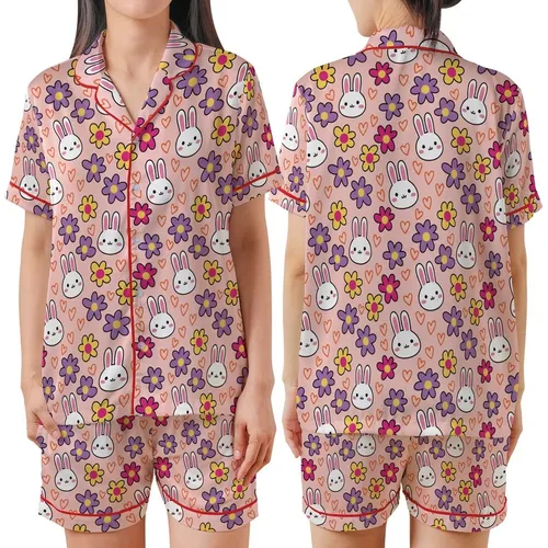 Women's Cheerful Pastel Pink White Cartoon Bunny Purple Yellow Flower Orange Heart Illustrative Pattern Satin Short-Sleeve Pajamas Set