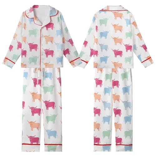 Highland Cow Fans' Whimsical Hand-Drawn Seamless Pattern Block Print Fuchsia Peach Mint Sky Blue Kid Satin Pajamas Set