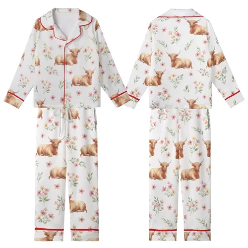 Cottagecore Style Whimsical Watercolor Fluffy Highland Cow Wildflower Botanical Blush Pink Sage Green Pattern Kid Satin Pajamas Set