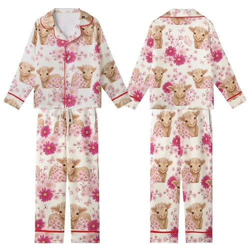 Whimsical Animal Lovers' Fluffy Baby Highland Cow Pink Floral Cream Illustration Kid Satin Pajamas Set