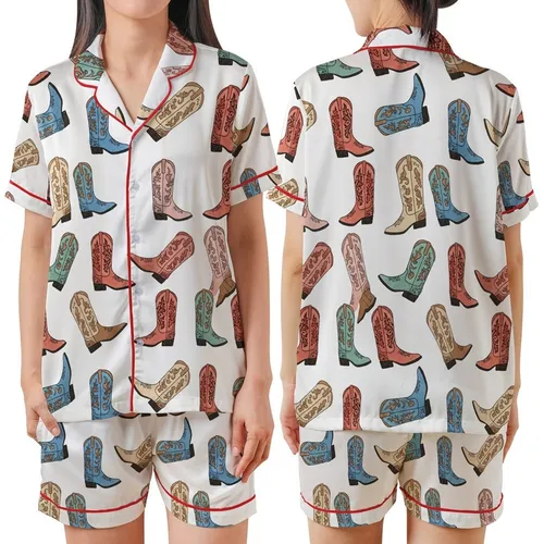 Western Style Lovers' Hand-Drawn Cowboy Boot Pattern Pink Teal Terracotta Hues Satin Short-Sleeve Pajamas Set