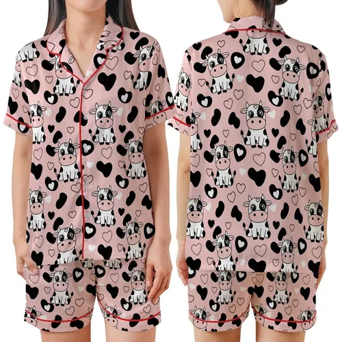 Cute Style Enthusiasts' Playful Cartoon Cow Pastel Pink Black White Cow Print Heart Spot Pattern Satin Short-Sleeve Pajamas Set