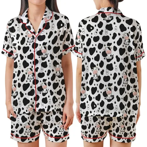 Cute Animal Lovers' Seamless Black Cow Spot All-Over Print with Adorable Pink-Eared Cartoon Cows & Milk Bottle Motif Satin Short-Sleeve Pajamas Set