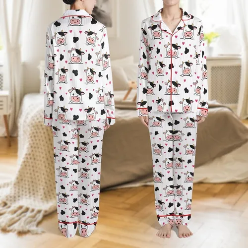 Cow Lovers' Whimsical Cartoon Cow Faces Pattern, White with Pink Noses, Orange Horns, Pink Bows, Pink Hearts, Light Pink Stripes Satin Pajamas Set