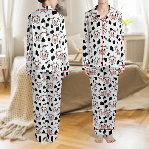 Animal Lovers' Whimsical Cartoon Cow Faces Pink Snouts Black Spots 'MOO~' White Pattern Satin Pajamas Set