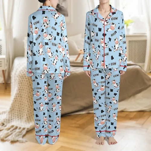 Farm Animal Lovers' Cheerful Light Blue Cartoon Cow Seamless Pattern, Black Spots & Playful 'MOO' Text Satin Pajamas Set