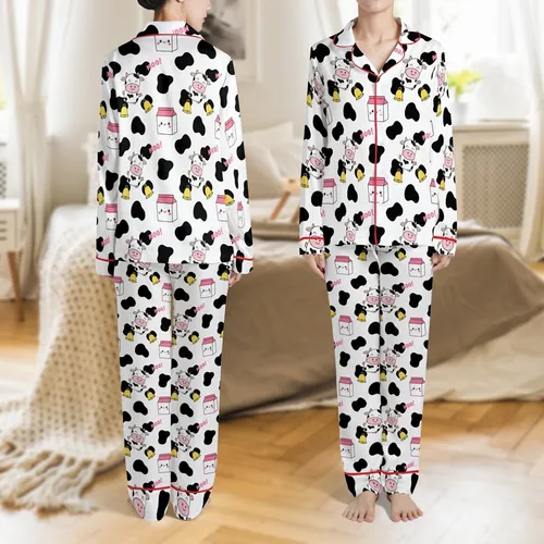 Cow Lovers' Whimsical Flat Illustrative Black Cow Spot Pattern with Cartoon Smiling Cows Pink Milk Cartons Yellow Bells Satin Pajamas Set