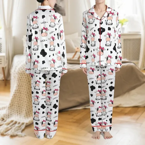 Whimsical Pattern Fans' Smiling Cartoon Cow Pattern with Hot Pink Bows, Black Spots & 'LUCK~' Text Satin Pajamas Set