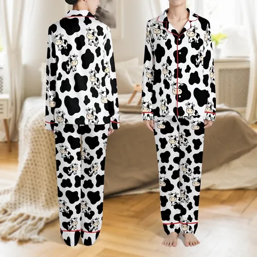 Animal Lovers' Whimsical Black & White Organic Cow Spot Pattern with Charming Cartoon Cows Satin Pajamas Set