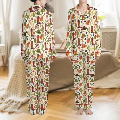 Western Enthusiasts' Whimsical Desert Folk Art Pattern: Cowboy Boots, Hats, Cacti, Guitars in Browns, Oranges, Greens Satin Pajamas Set