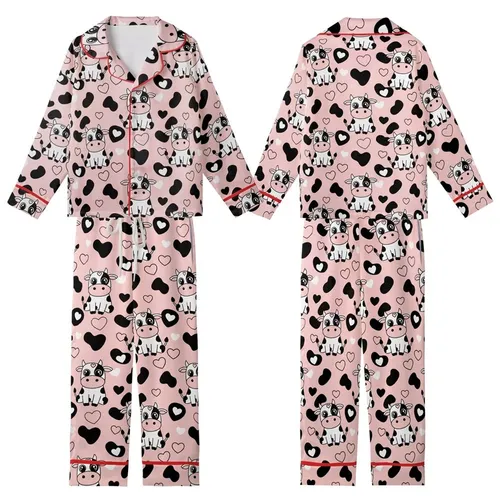 Cute Style Enthusiasts' Playful Cartoon Cow Pastel Pink Black White Cow Print Heart Spot Pattern Kid Satin Pajamas Set