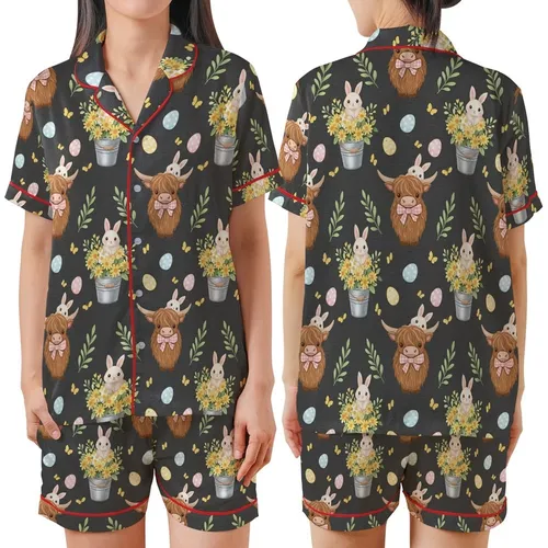 Whimsical Animal Lovers' Fluffy Brown Highland Cow Bunny Pink Bow Yellow Daisy Pastel Easter Egg Pattern on Dark Gray Satin Short-Sleeve Pajamas Set