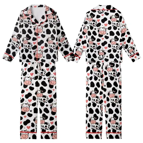 Cow Lovers' Playful Pure White Black Pink Cartoon Cows Spots Hearts Stars Pattern Kid Satin Pajamas Set