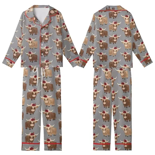 Highland Cow Lovers' Whimsical Shaggy Brown Cow Red Pink Floral Crown Heather Grey Print Kid Satin Pajamas Set