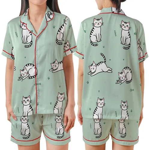 Cat Lovers' Whimsical Hand-Drawn White Cartoon Cats Light Mint Green Pattern Fish Bones Paw Prints Satin Short-Sleeve Pajamas Set