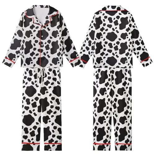 Fashion-Forward Individuals' Bold Black White Organic Irregular Cow Spot Seamless Pattern Kid Satin Pajamas Set