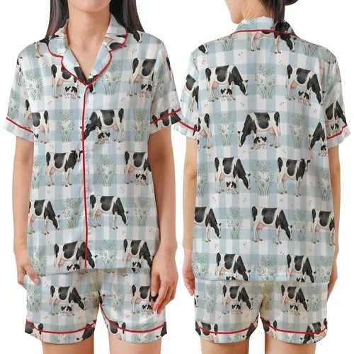 Cow Lovers' Light Blue White Watercolor Gingham Hand-Drawn Holstein Cow Pasture Repeat Pattern Satin Short-Sleeve Pajamas Set
