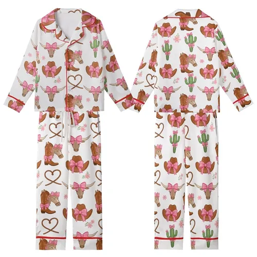 Women's Whimsical Western Pink Bow Cowgirl Hat Longhorn Cactus Pattern Kid Satin Pajamas Set