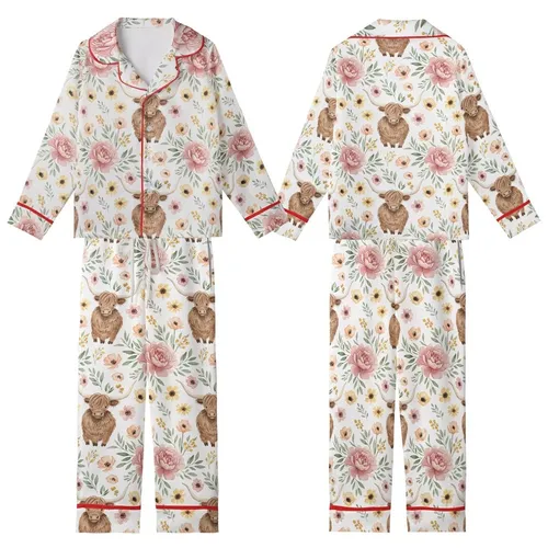Highland Cow Lovers' Whimsical Watercolor Shaggy Brown Cow Dusty Rose Peach Yellow Green Floral Pattern Kid Satin Pajamas Set