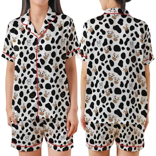 Cow Lovers' Whimsical White Black Brown Pink Cartoon Cow Spot & Friendly Face Pattern Satin Short-Sleeve Pajamas Set
