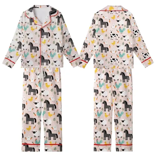 Whimsical Farm Life Admirers Light Pink Flat Art Farm Animal Pattern: Stylized Horses, Cows, Sheep, Rabbits, Roosters, Ducks Kid Satin Pajamas Set