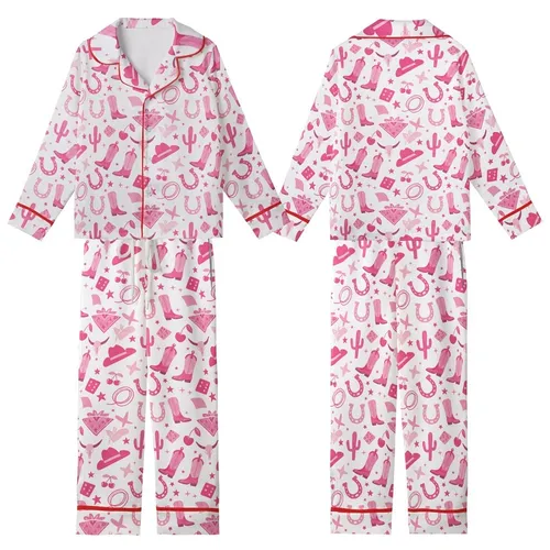 Pink Western Enthusiasts' Playful Pink & Hot Pink Cowgirl Boot Cactus Star Pattern Kid Satin Pajamas Set