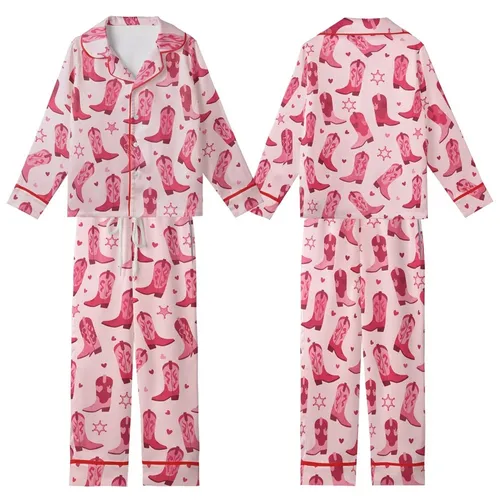 Cowgirl Chic Fans' Blush Pink Fuchsia Stylized Scattered Cowboy Boots Heart Badge Pattern Kid Satin Pajamas Set