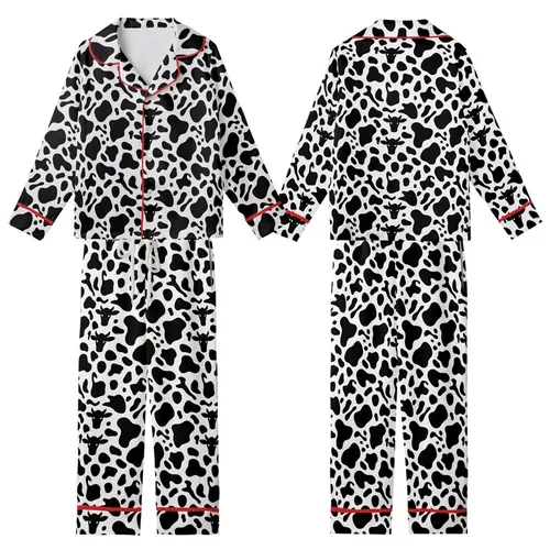 Animal Print Lovers' Bold Black White Cow Spot Pattern with Stylized Cow Heads and Milk Splashes Kid Satin Pajamas Set