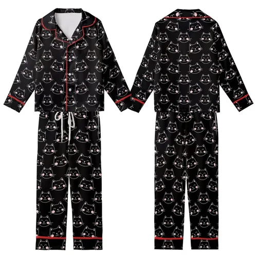 Cat Lovers' Whimsical Flat Illustrative Smiling Cat Faces Black White Pink Pattern Kid Satin Pajamas Set
