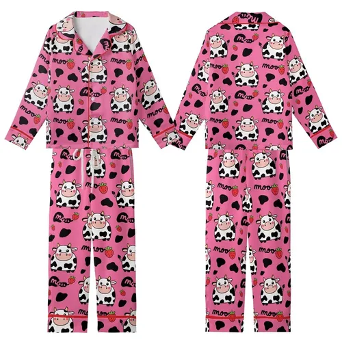 Cute Animal Lovers' Vibrant Hot Pink Flat 2D Cartoon Dairy Cow Rosy Cheeks Strawberry Moo Design Kid Satin Pajamas Set