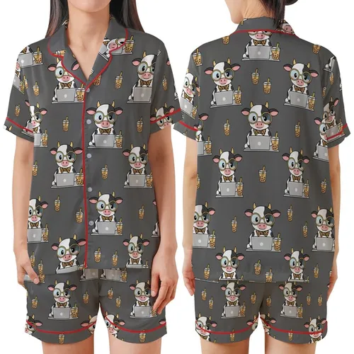 Chibi Art & Boba Tea Lovers' Charcoal Grey Chibi Cow Laptop Boba Tea Pattern, Blue Glasses & Leopard Bows Satin Short-Sleeve Pajamas Set