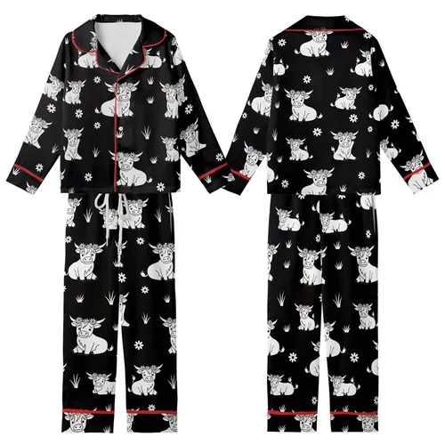Highland Cow Fans' Black and White Illustrative Stencil Style Seamless Repeating Pattern of Cute Highland Cows with Flower Crowns Kid Satin Pajamas Set