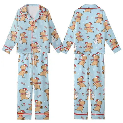 Capybara Lovers' Whimsical Cartoon Capybara Christmas Ice Skating Light Blue Seamless Pattern Kid Satin Pajamas Set